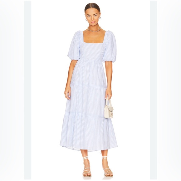 MINKPINK Milani Tiered Midi Dress in Blue & White Small - Picture 1 of 16